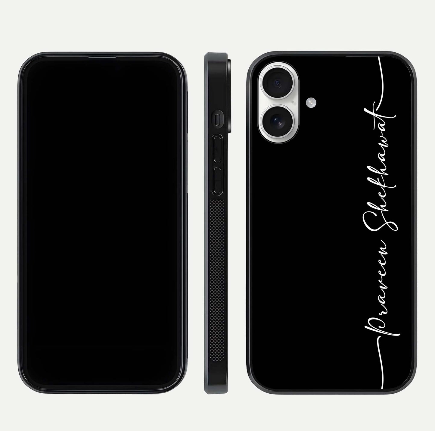 Black Tune Custom Name Glass Case for iPhone 17 front-and-back layout showing personalized name zone and edges