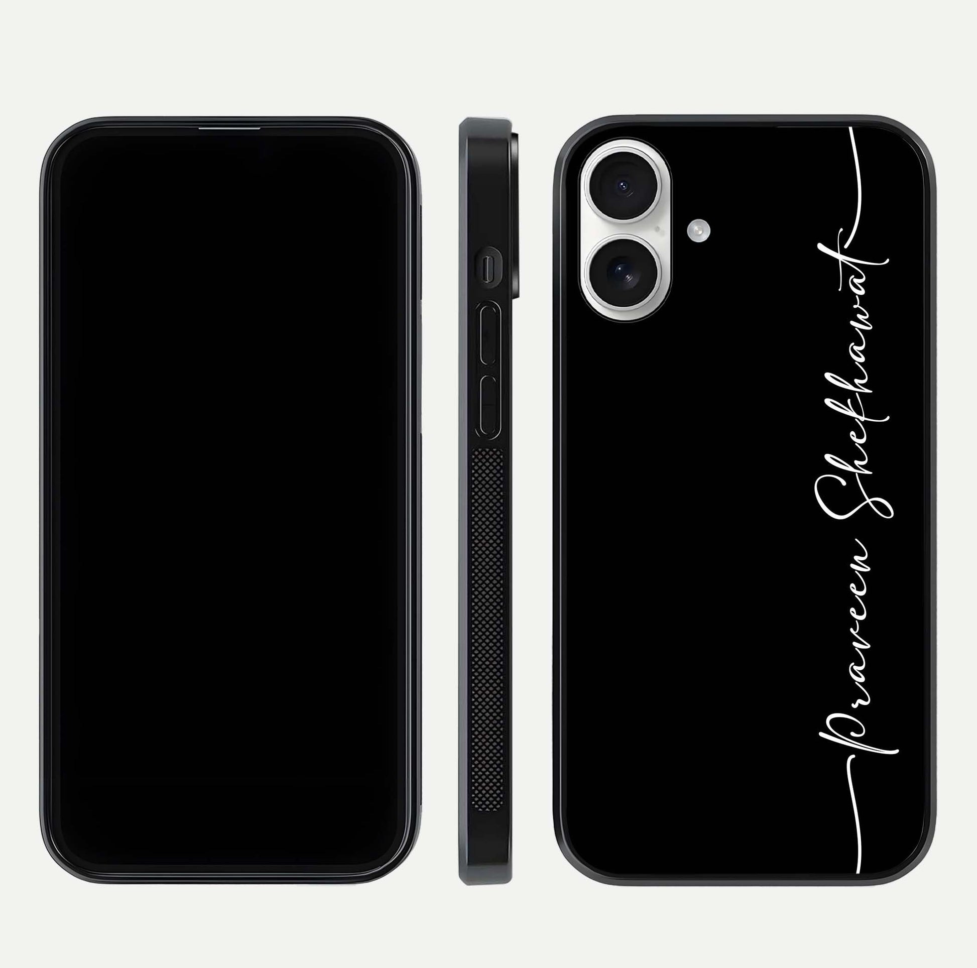 Black Tune Custom Name Glass Case for iPhone 17 front-and-back layout showing personalized name zone and edges