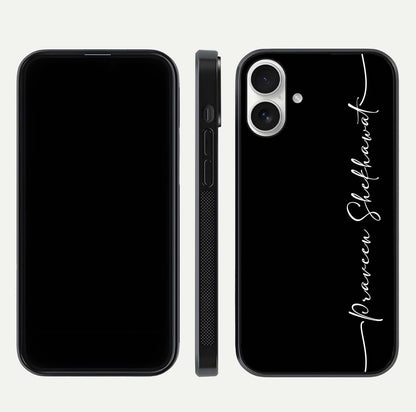 Black Tune Custom Name Glass Case for iPhone 17 front-and-back layout showing personalized name zone and edges