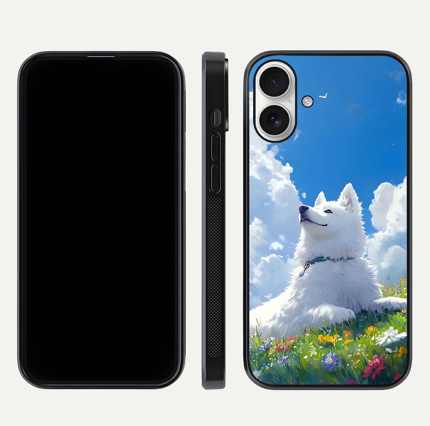 Blissful Cloud Pup Glass Case for iPhone 17 front-and-back layout showing art alignment and edge design