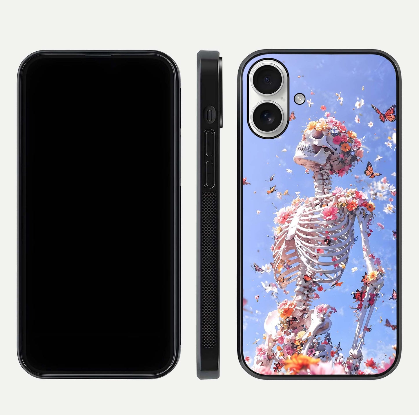 Bloom Beyond Bones Glass Case for iPhone 17 dual-view layout showing creative aesthetic and edge design