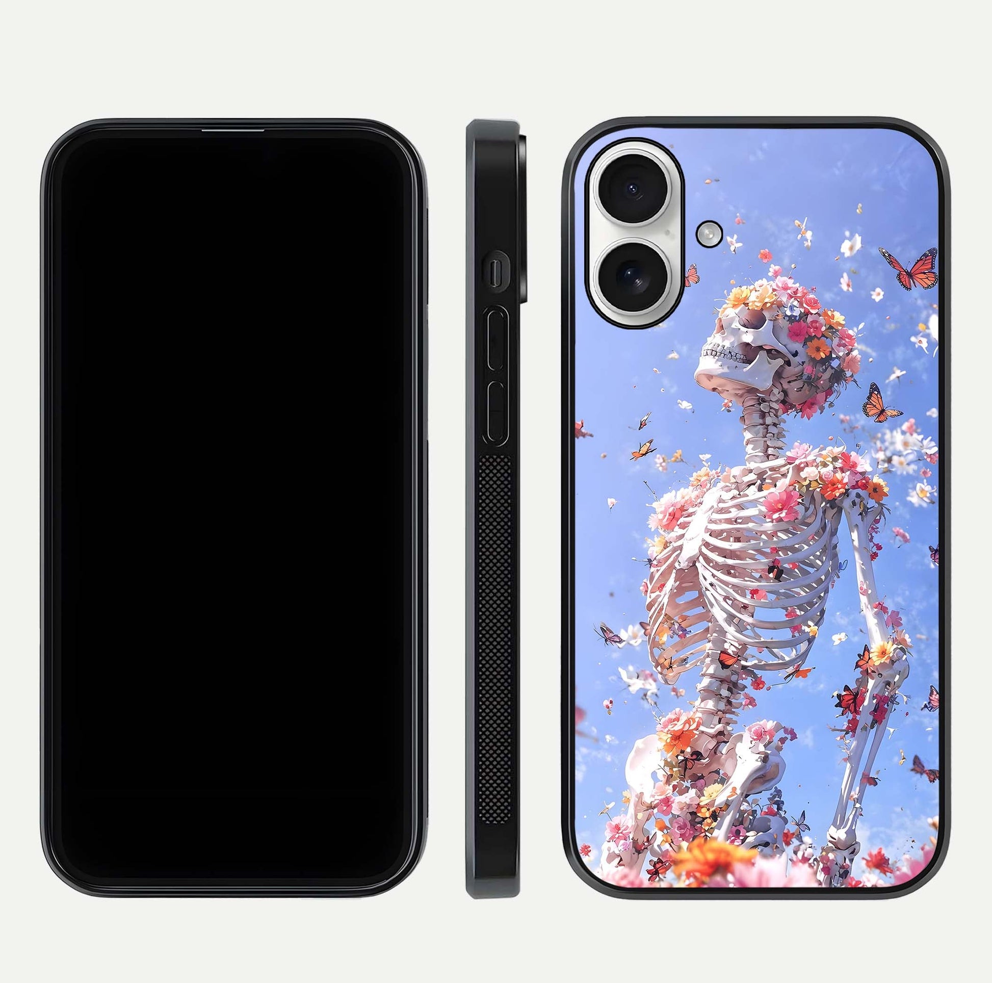 Bloom Beyond Bones Glass Case for iPhone 17 dual-view layout showing creative aesthetic and edge design