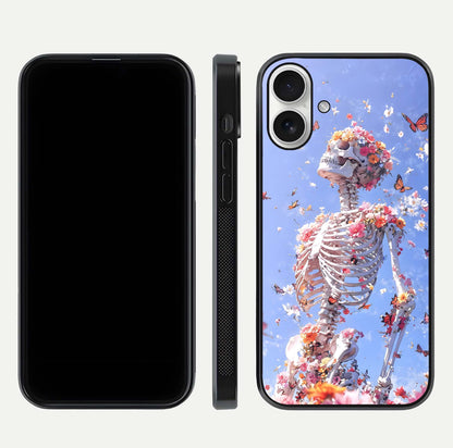 Bloom Beyond Bones Glass Case for iPhone 17 dual-view layout showing creative aesthetic and edge design