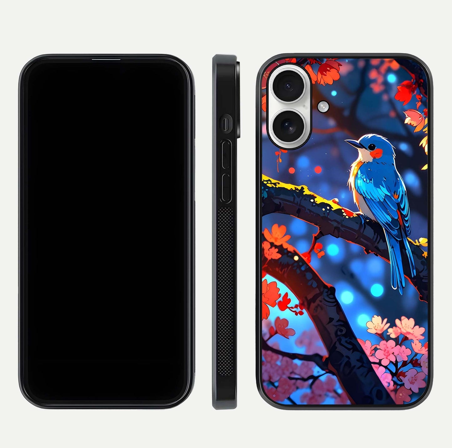 Blooming Spendor Bird Glass Case for iPhone 17 front-and-back view showing nature print and protective edge