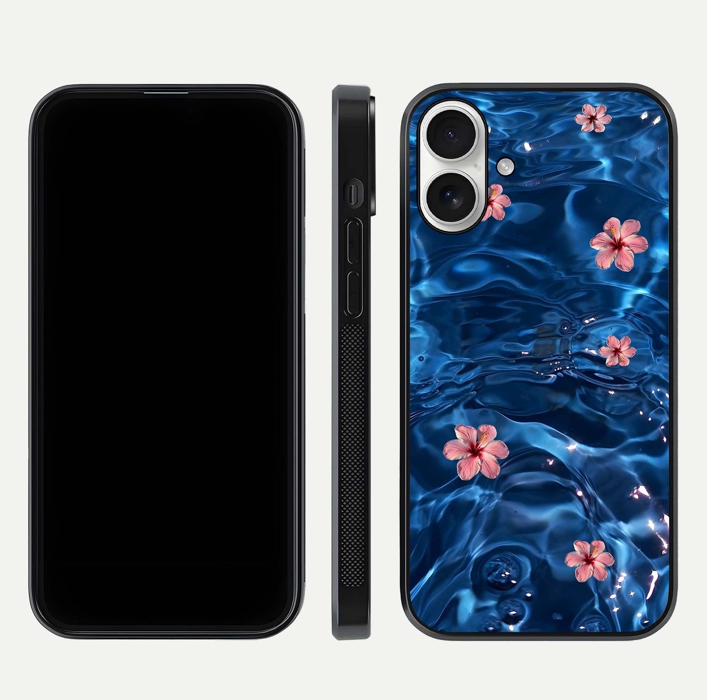 Blooming Water Drift Glass Case for iPhone 17 front-and-back layout highlighting edge design and serene water bloom art