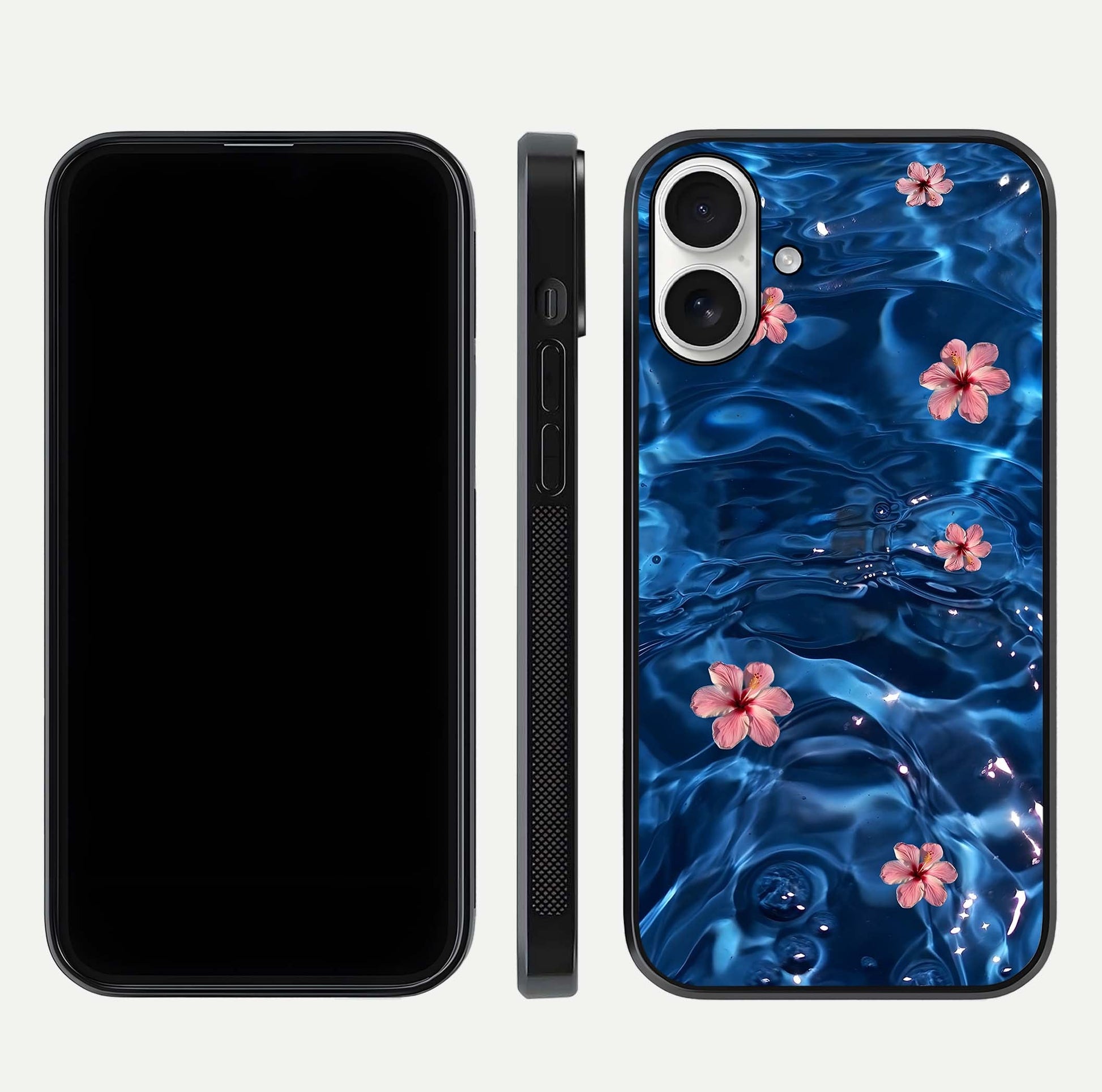 Blooming Water Drift Glass Case for iPhone 17 front-and-back layout highlighting edge design and serene water bloom art