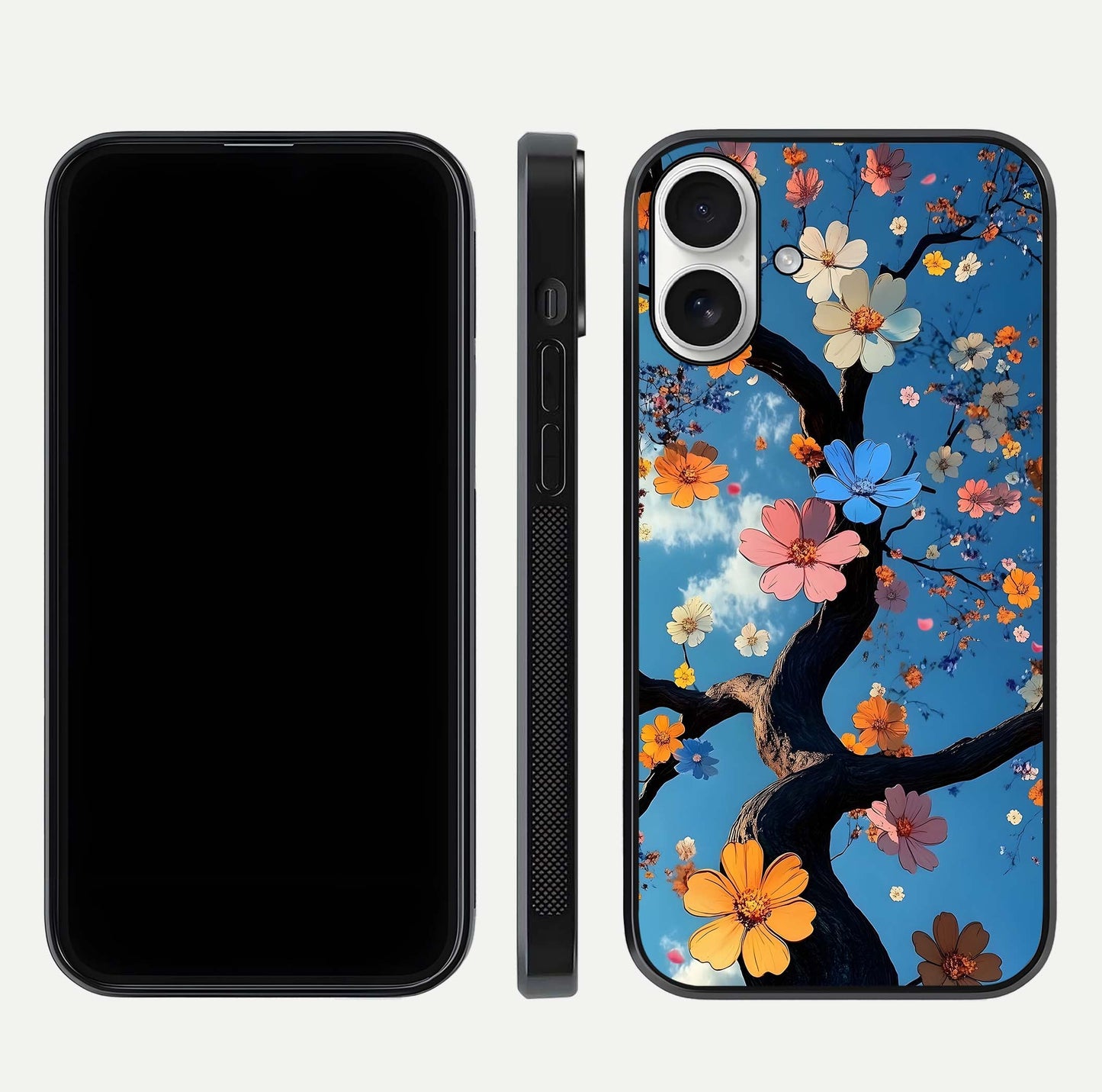 Blossom Dream Sky Glass Case for iPhone 17 front-and-back layout showing floral print and premium edge gloss
