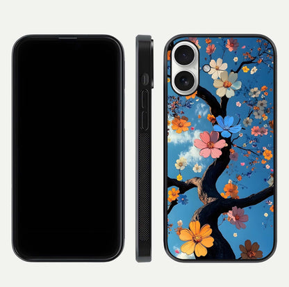 Blossom Dream Sky Glass Case for iPhone 17 front-and-back layout showing floral print and premium edge gloss