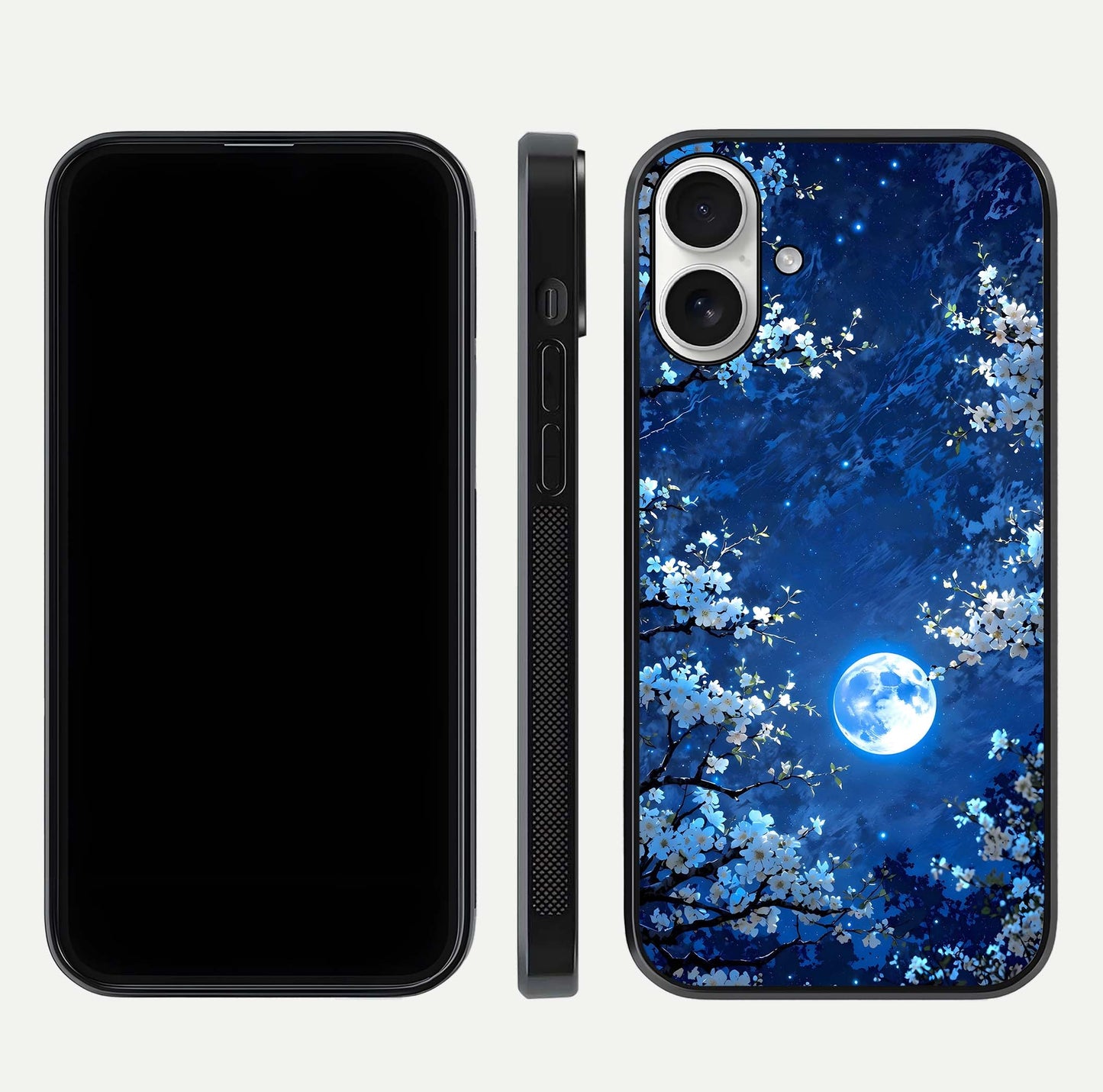 Blossom Moonlight Sky Glass Case for iPhone 17 dual-view layout highlighting sky gradient and floral composition