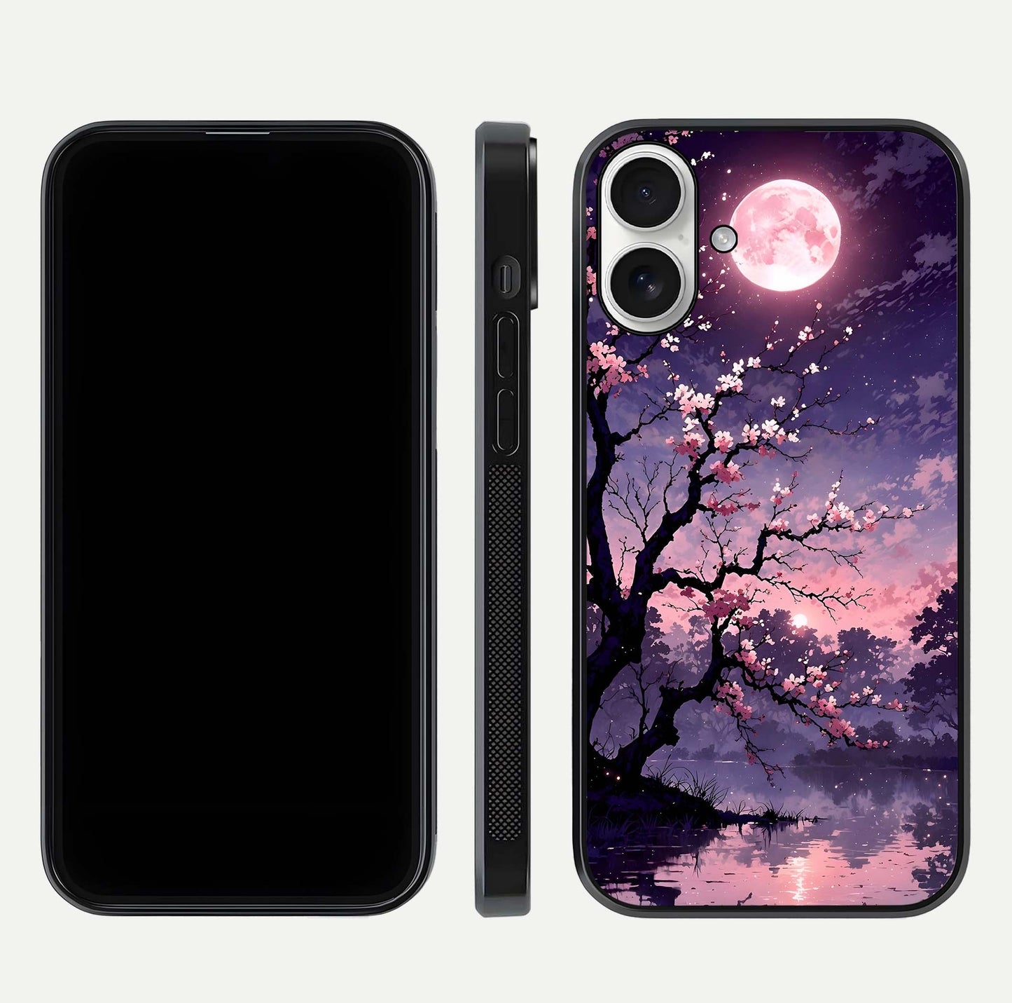 Blossom Pink Moon Glass Case for iPhone 17 front-and-back layout showing minimal edges and artistic flower print