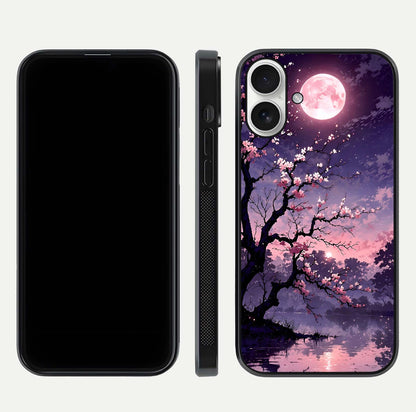 Blossom Pink Moon Glass Case for iPhone 17 front-and-back layout showing minimal edges and artistic flower print