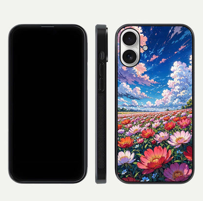 Blossom Sky Field Glass Case for iPhone 17 front-and-back layout highlighting design edges and gloss clarity