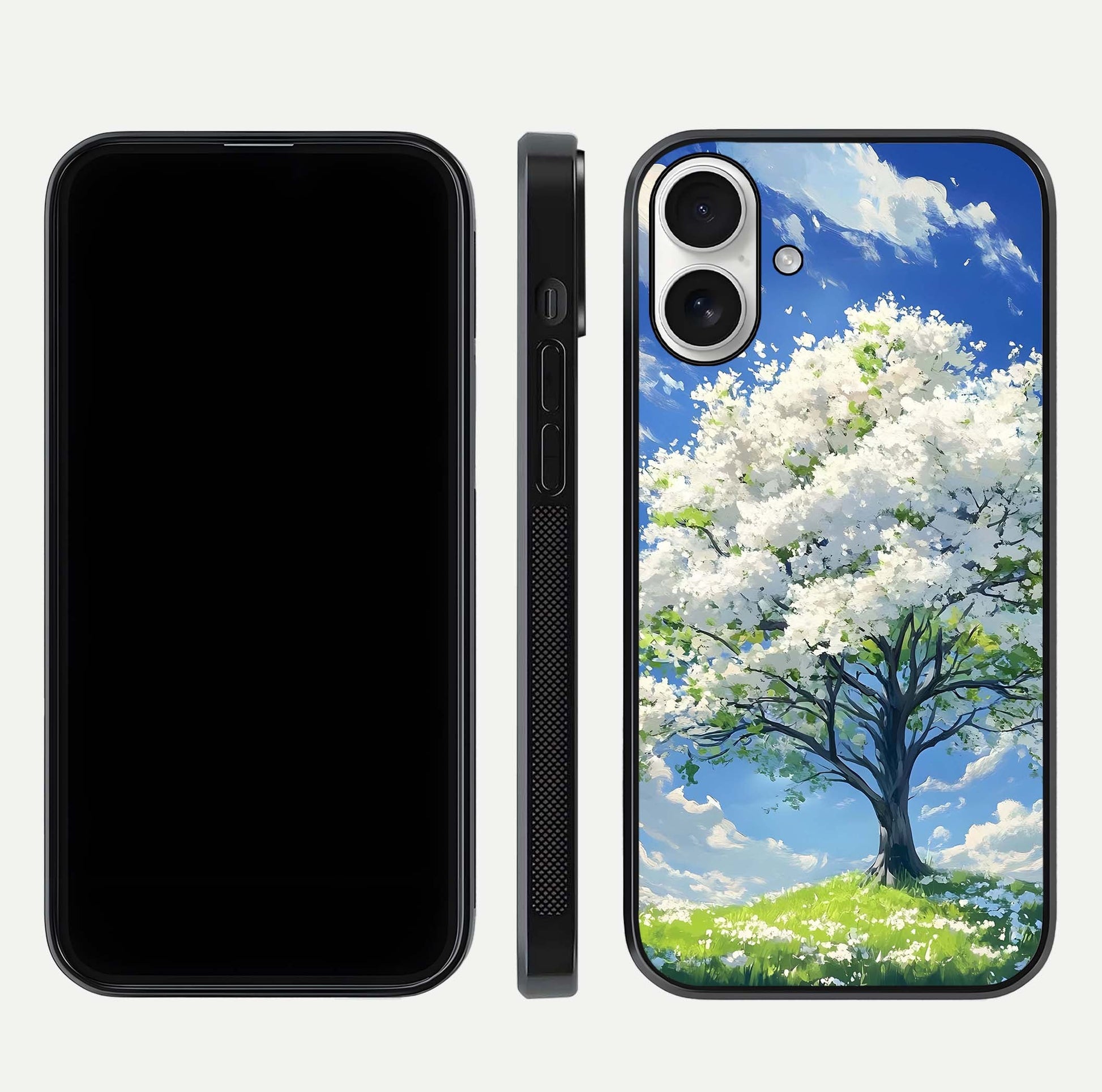 Blossom Sky Serenity Glass Case for iPhone 17 dual-view layout showing pastel hues and soft protective edges