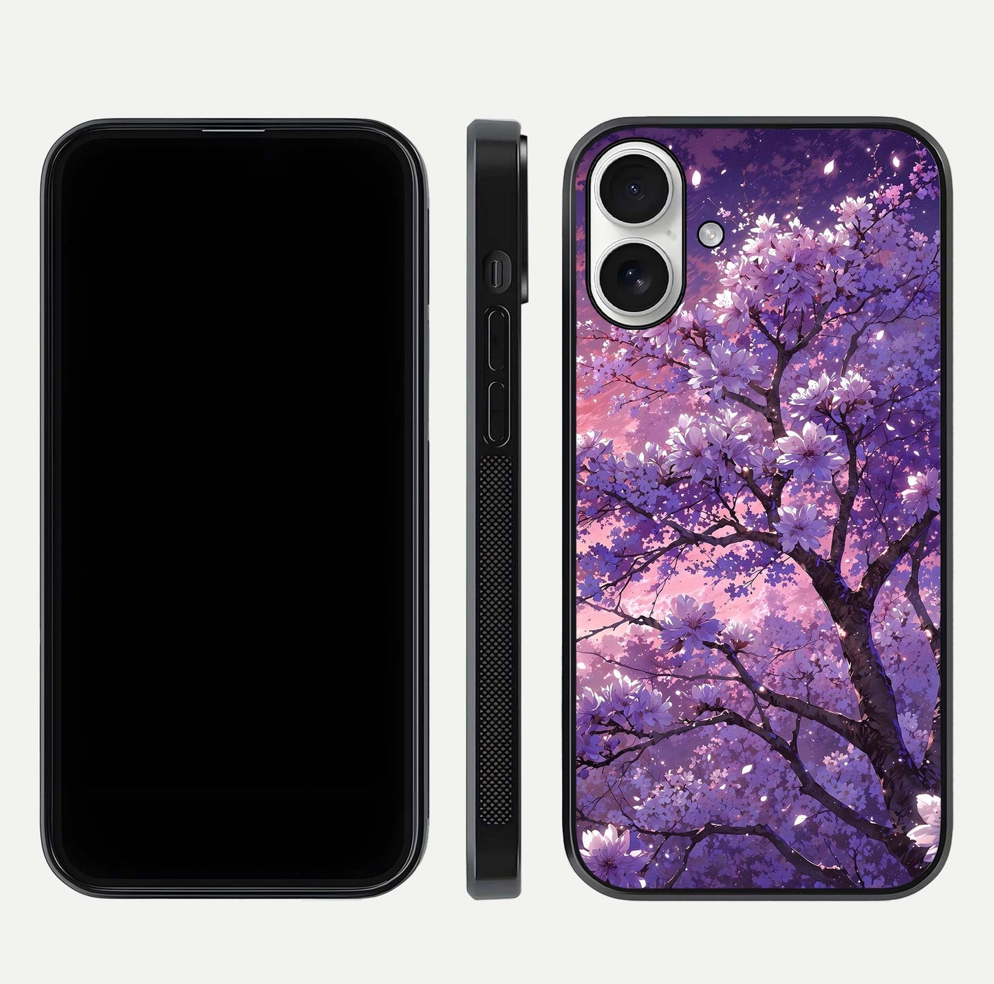 Blossom Tree Glass Case for iPhone 17 front-and-back layout showing art alignment and gloss reflection