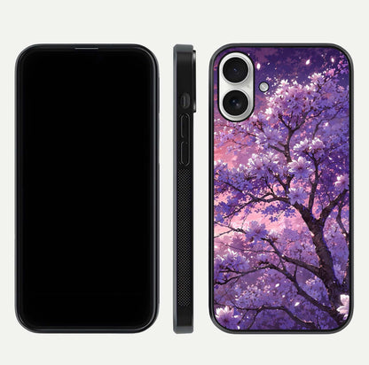Blossom Tree Glass Case for iPhone 17 front-and-back layout showing art alignment and gloss reflection