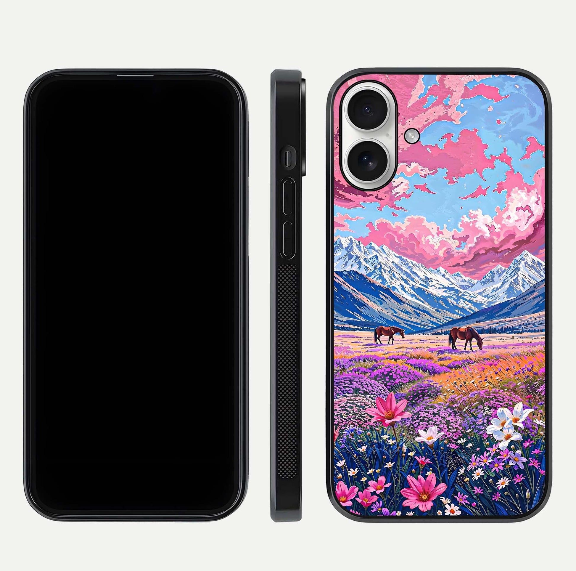 Blossom Valley Dream Glass Case for iPhone 17 front-and-back layout highlighting glossy reflection and edge cut
