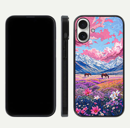Blossom Valley Dream Glass Case for iPhone 17 front-and-back layout highlighting glossy reflection and edge cut