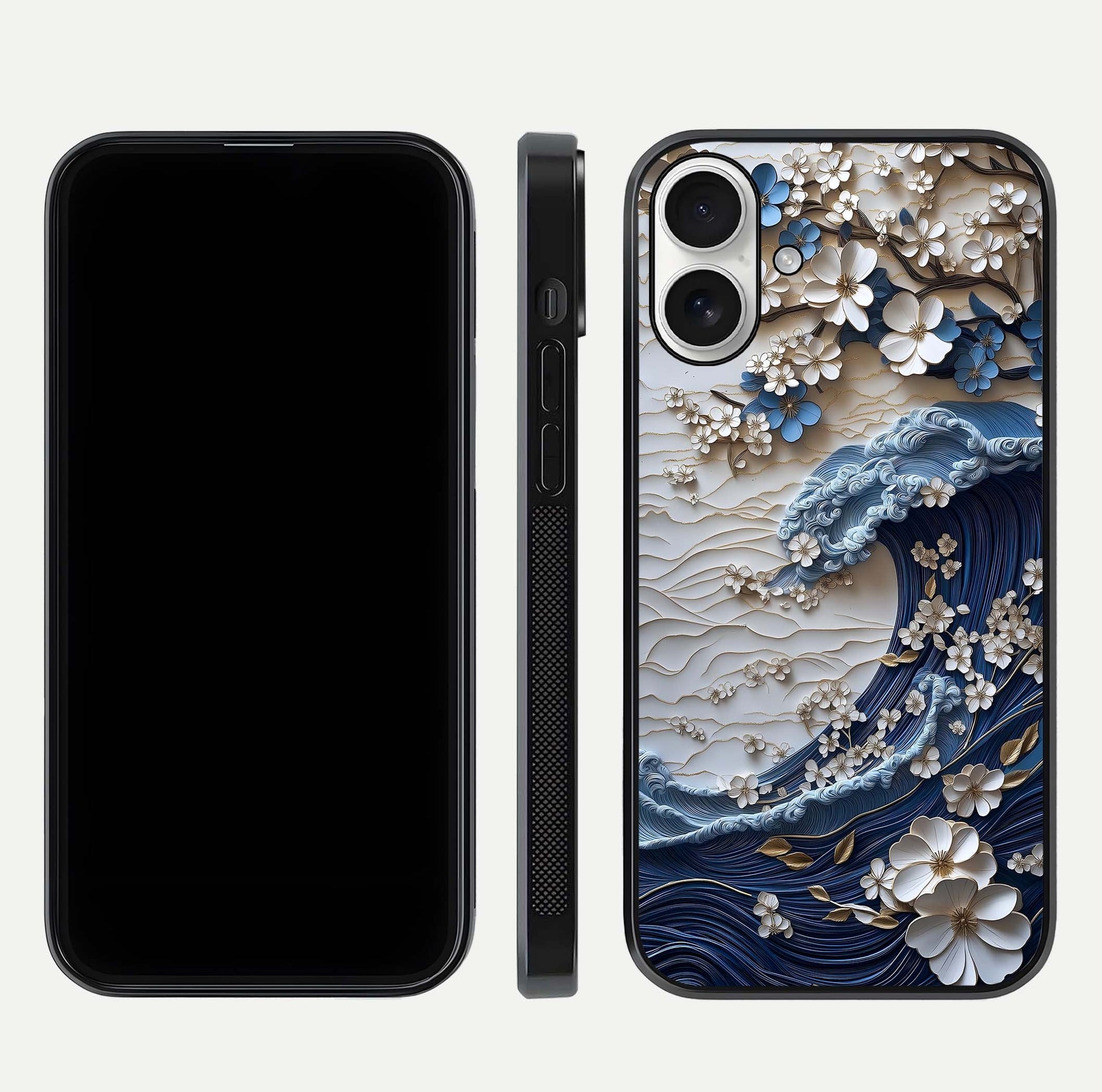 Blossom Wave Art Glass Case for iPhone 17 front-and-back layout showing curved design and glass clarity
