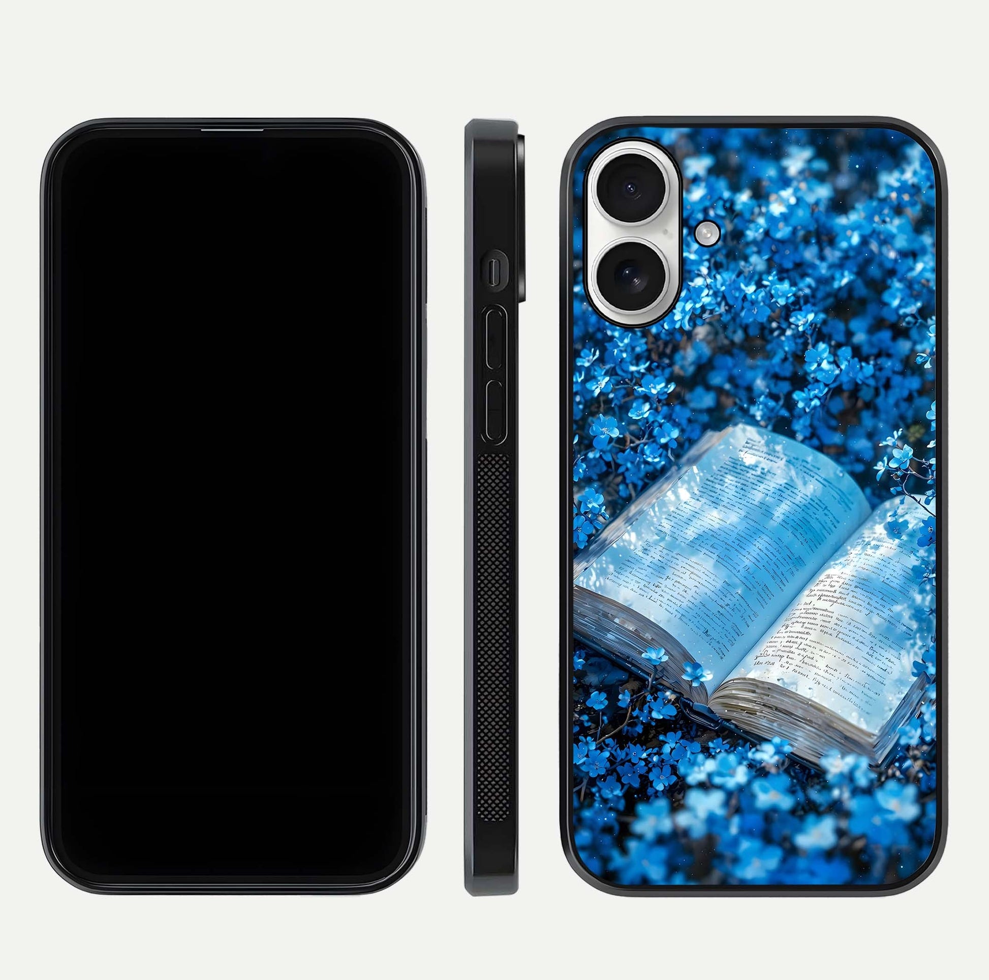 Blue Bloom Tales Glass Case for iPhone 17 dual-view layout highlighting shine, floral print, and smooth edges