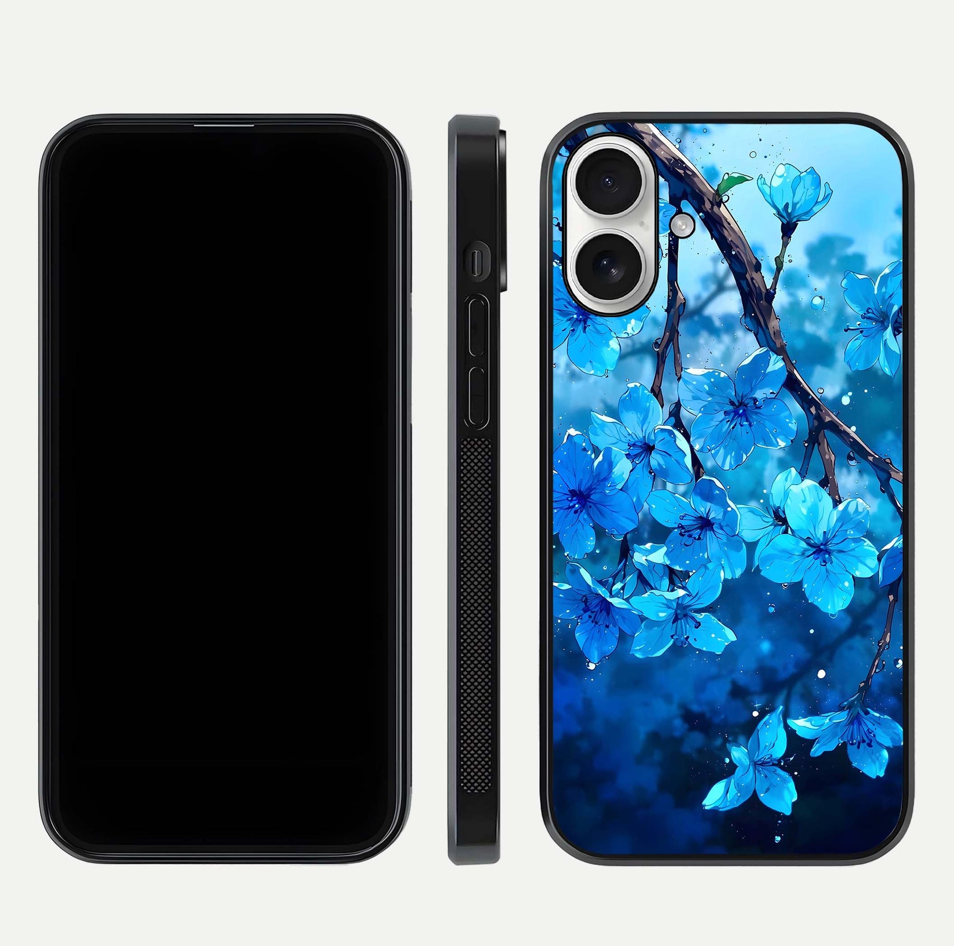 Blue Blossoms Branch Glass Case for iPhone 17 dual-view layout displaying floral art and sleek protective frame