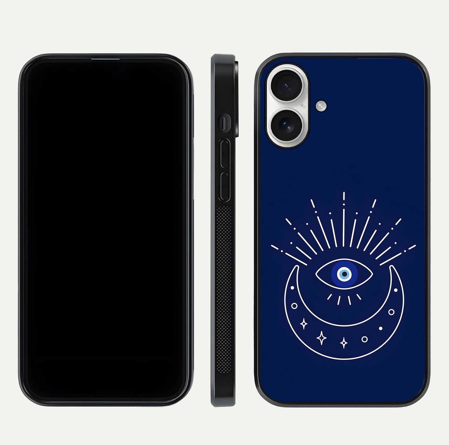 Blue Evil Eye Glass Case for iPhone 17 front-and-back layout showing blue aura design and curved-edge clarity