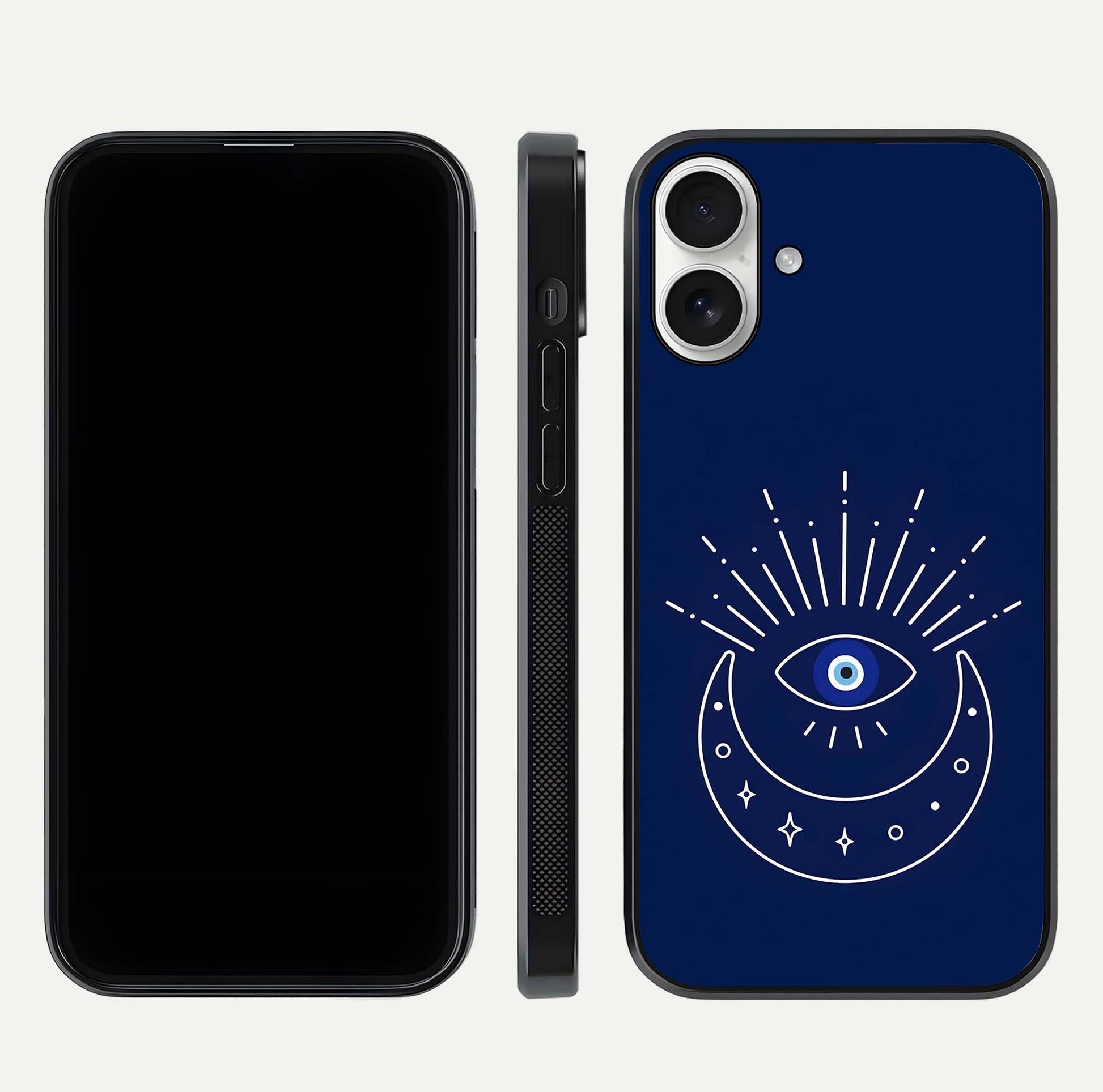 Blue Evil Eye Glass Case for iPhone 17 front-and-back layout showing blue aura design and curved-edge clarity