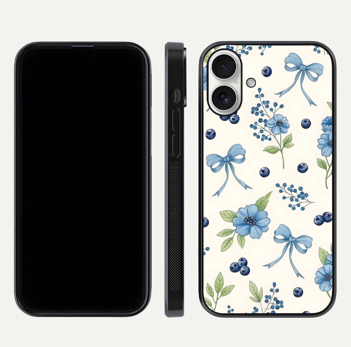 Blue Flower & Bow Glass Case for iPhone 17 dual-view layout showing balanced pattern and smooth edges