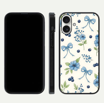 Blue Flower & Bow Glass Case for iPhone 17 dual-view layout showing balanced pattern and smooth edges