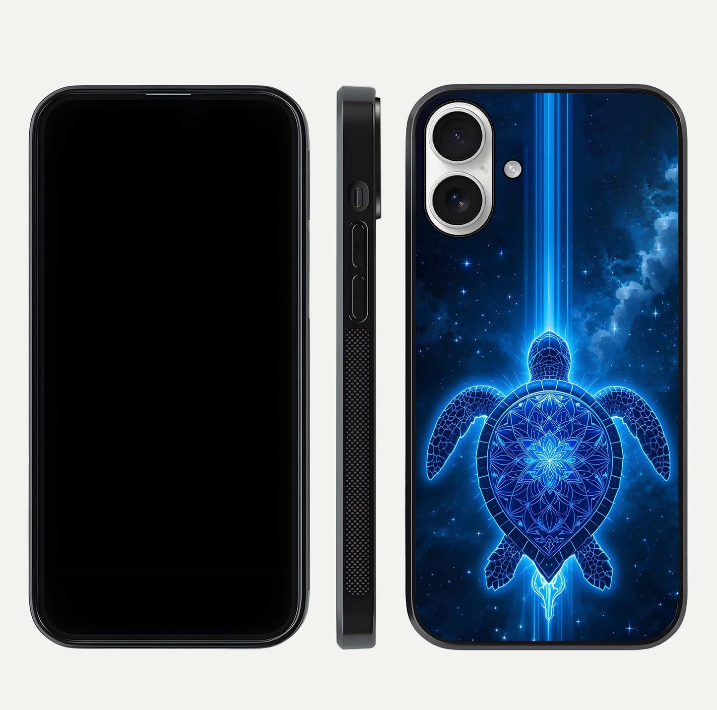 Blue Galaxy Turtle Glass Case for iPhone 17 front-and-back layout highlighting cosmic art and reflective glass