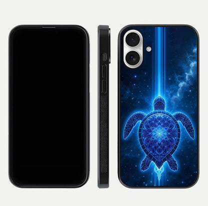 Blue Galaxy Turtle Glass Case for iPhone 17 front-and-back layout highlighting cosmic art and reflective glass