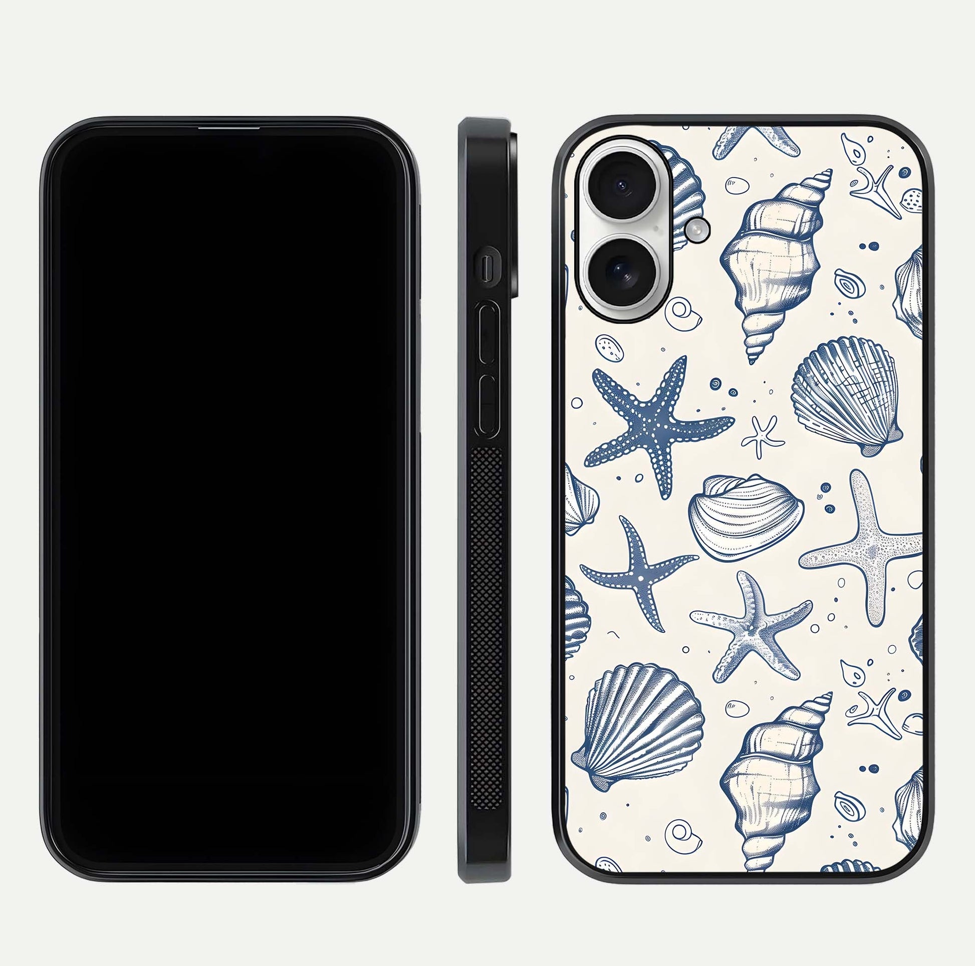 Blue Ocean Outline Glass Case for iPhone 17 front-and-back layout showing minimal wave design and HD gloss