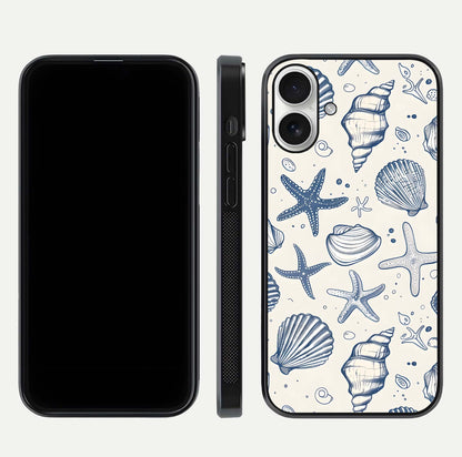 Blue Ocean Outline Glass Case for iPhone 17 front-and-back layout showing minimal wave design and HD gloss