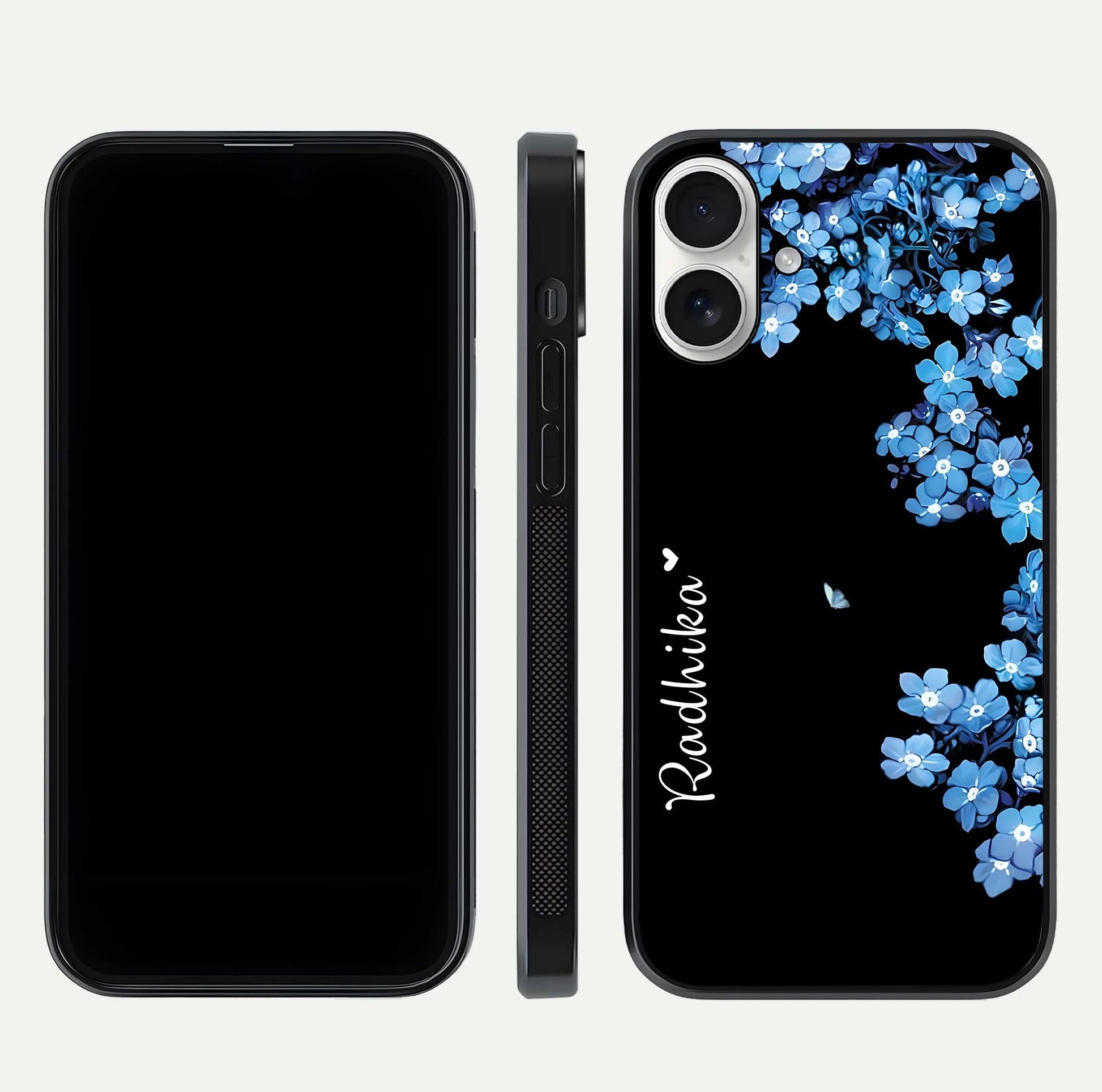 Blue Petal Dream Custom Name Glass Case for iPhone 17 dual-view layout showing text placement and premium finish