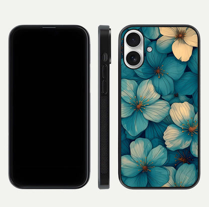Blue Shade Floral Glass Case for iPhone 17 front-and-back layout displaying bloom contrast and edge polish