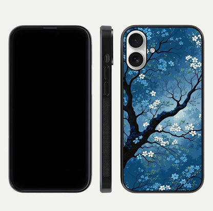 Blue Tree Serenity Glass Case for iPhone 17 front-and-back layout showing gradient background and smooth edges