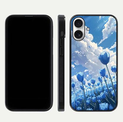 Blue Tulip Clouds Glass Case for iPhone 17 front-and-back layout showcasing floral detail and polished edges