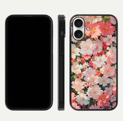 Blush Bloom Field Glass Case for iPhone 17 dual-view layout showing bloom arrangement and protective frame