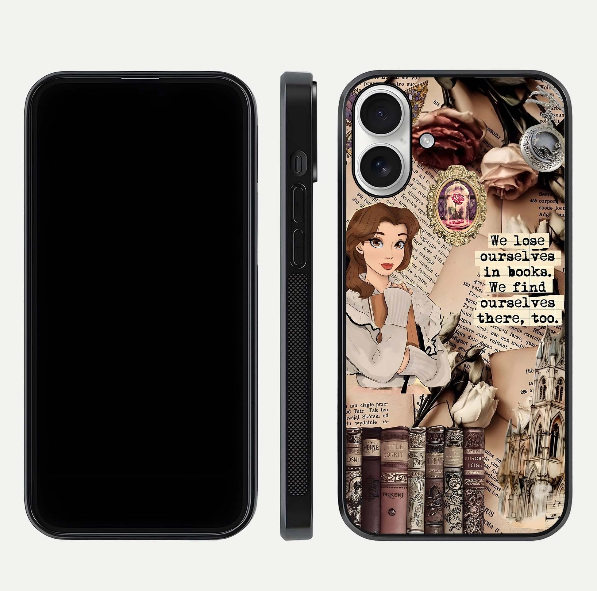 Bookish Dream World Glass Case for iPhone 17 dual-view layout displaying colorful fantasy print and edge finish