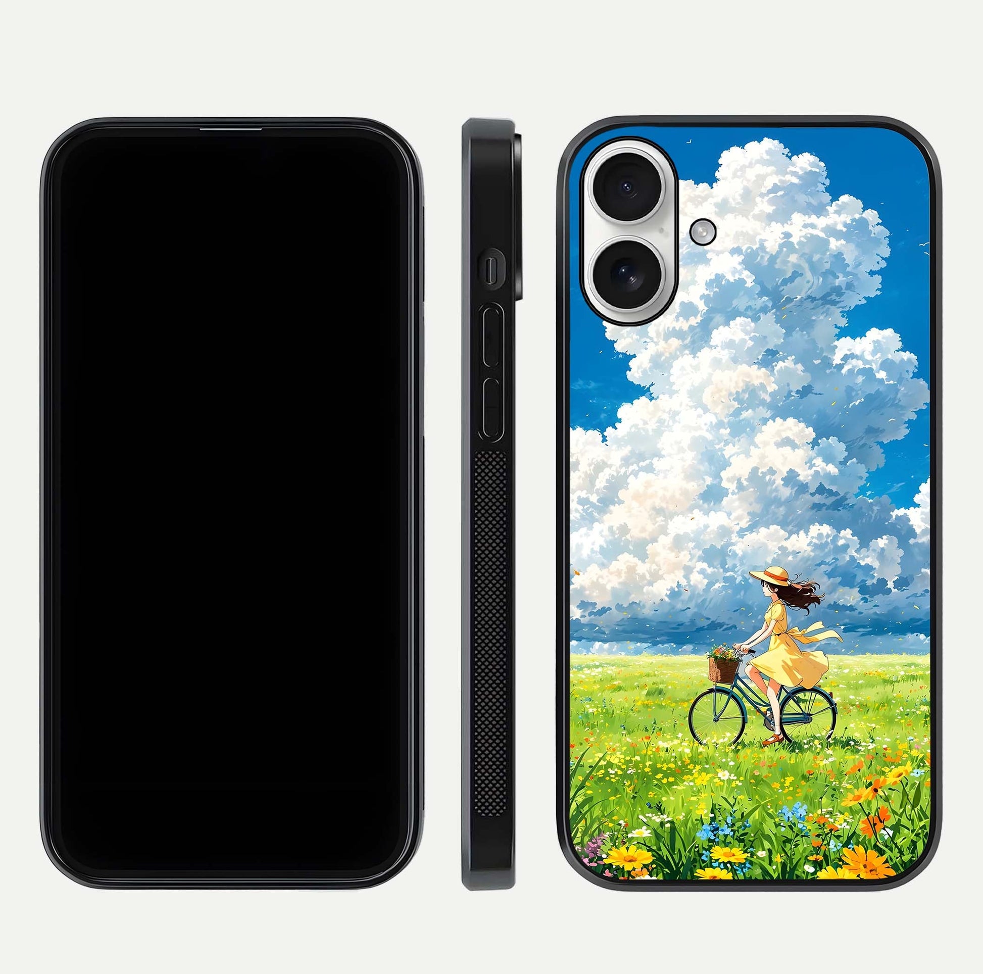 Breezy Meadow Ride Glass Case for iPhone 17 dual-view layout showing soft landscape design and reflection gloss