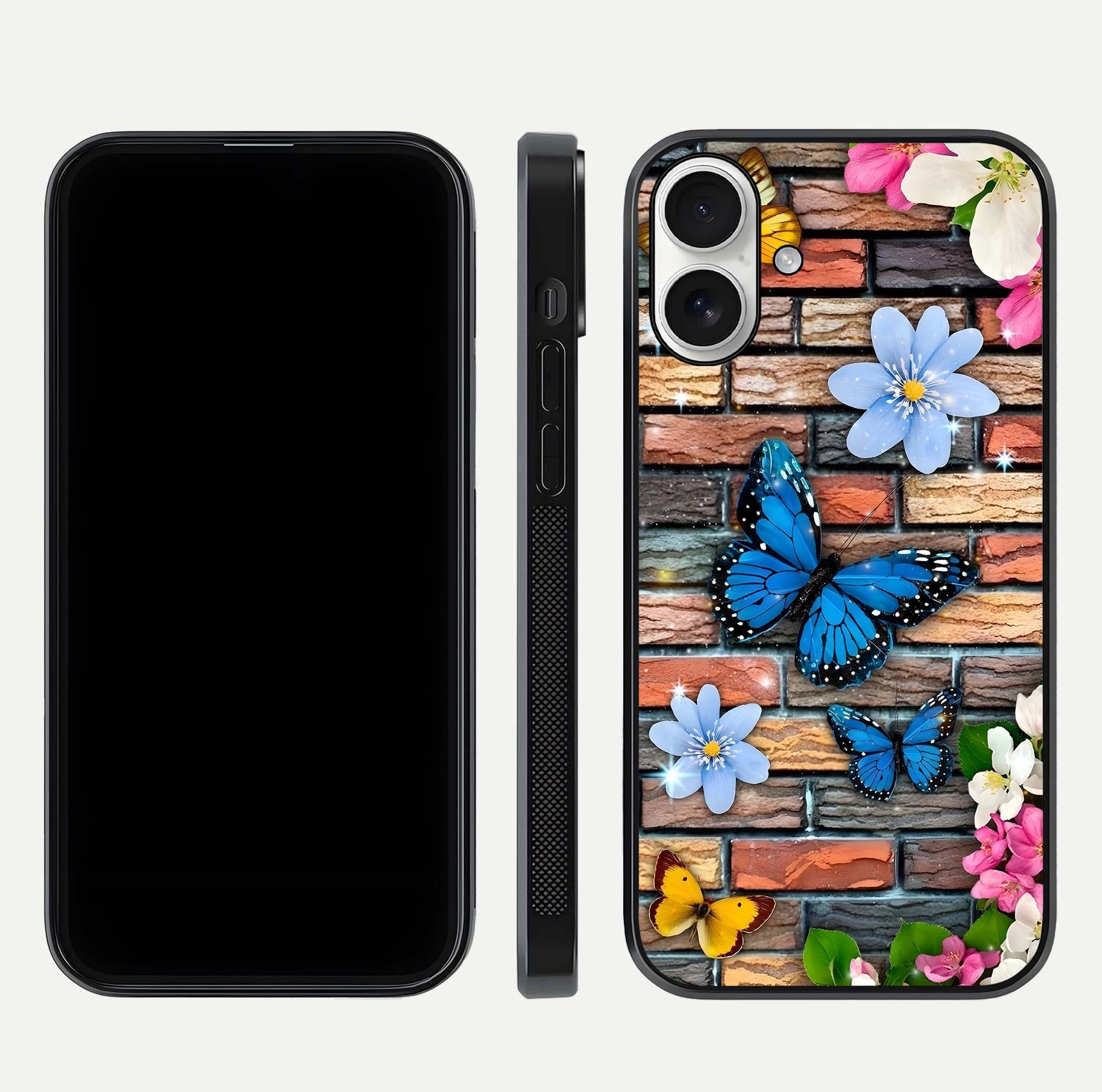 Brick Bloom Flight Glass Case for iPhone 17 dual-view layout showing bloom placement and protective edge design