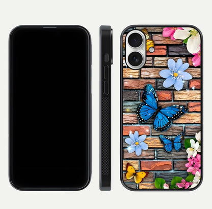 Brick Bloom Flight Glass Case for iPhone 17 dual-view layout showing bloom placement and protective edge design