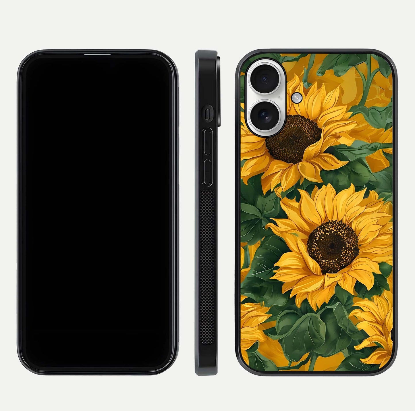 Bright Sunflower Bloom Glass Case for iPhone 17 dual-view layout displaying floral glow and curved glass edge