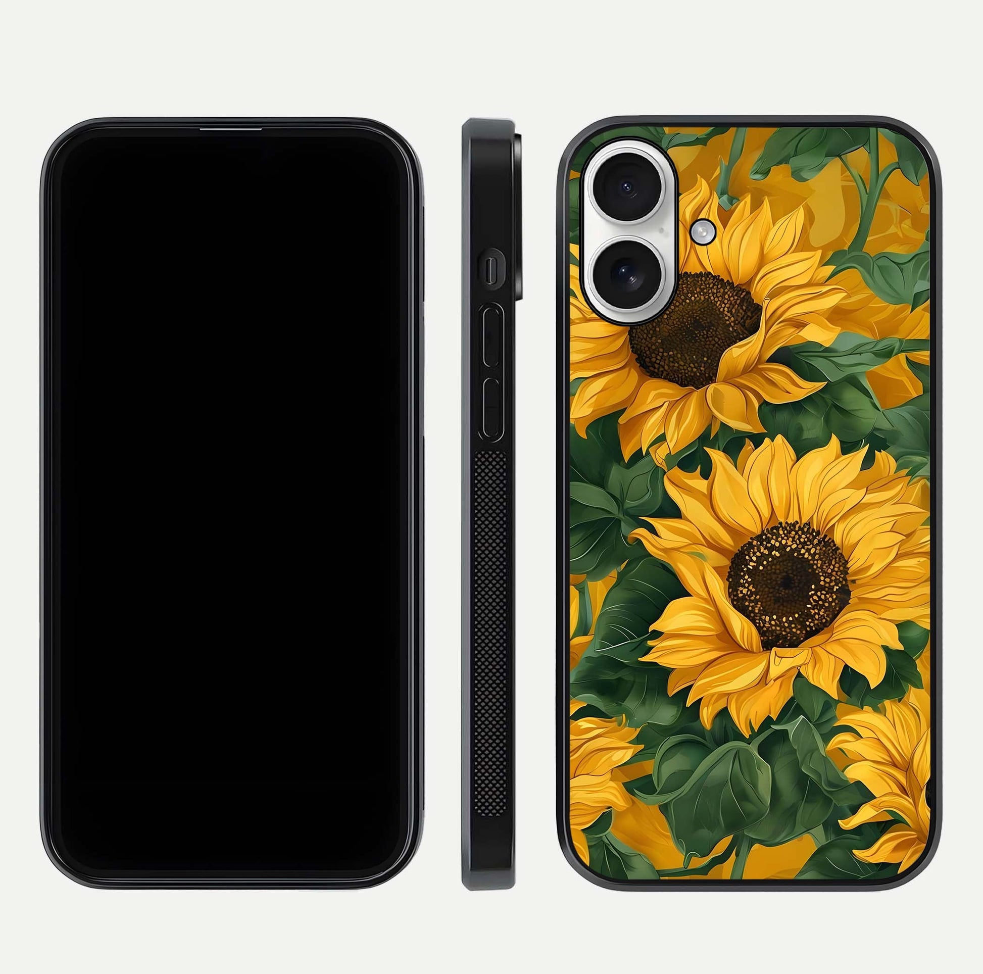 Bright Sunflower Bloom Glass Case for iPhone 17 dual-view layout displaying floral glow and curved glass edge