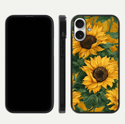Bright Sunflower Bloom Glass Case for iPhone 17 dual-view layout displaying floral glow and curved glass edge