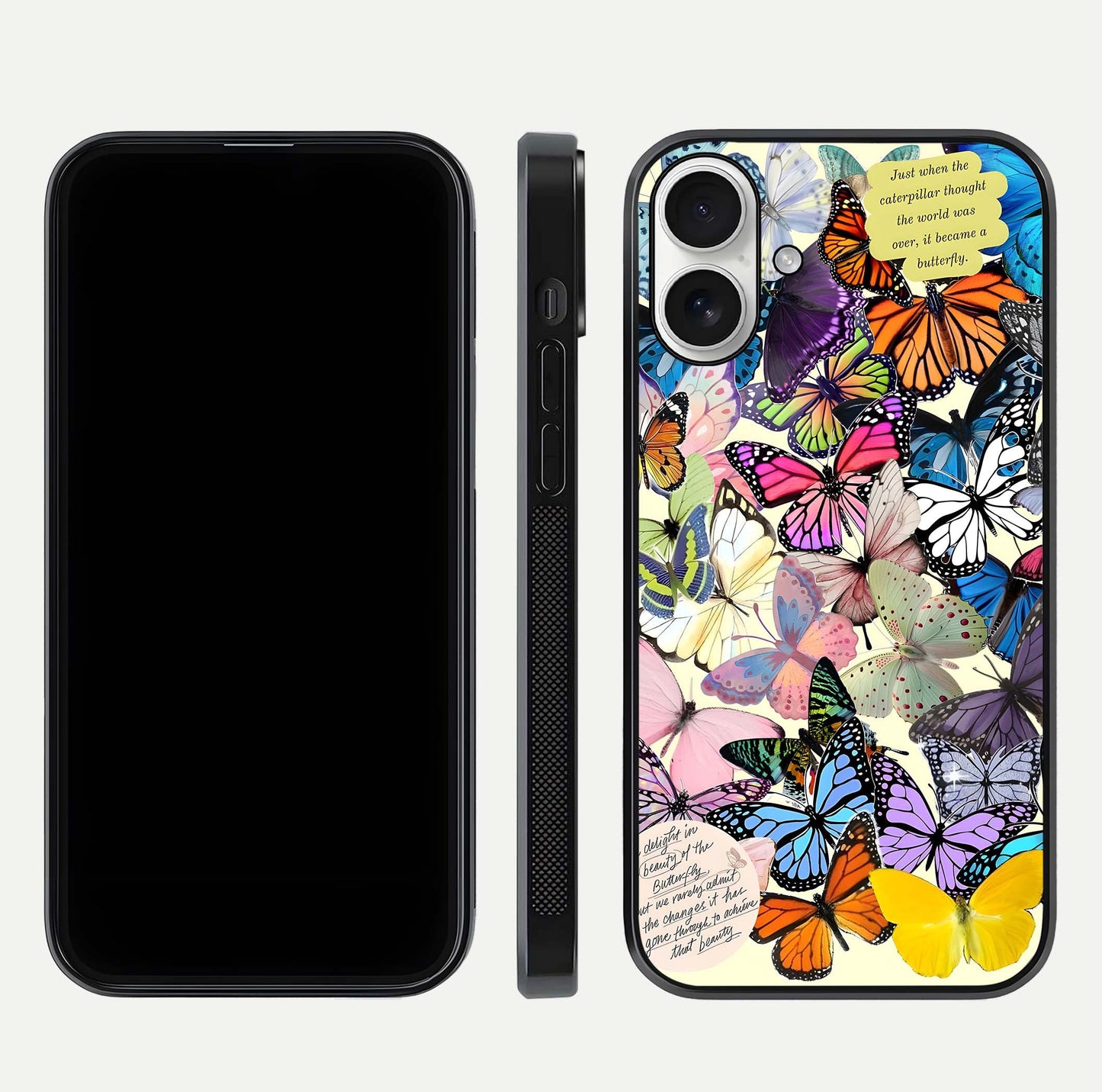 Butterflies Petal Dream Glass Case for iPhone 17 front-and-back layout showcasing floral spread and reflection shine