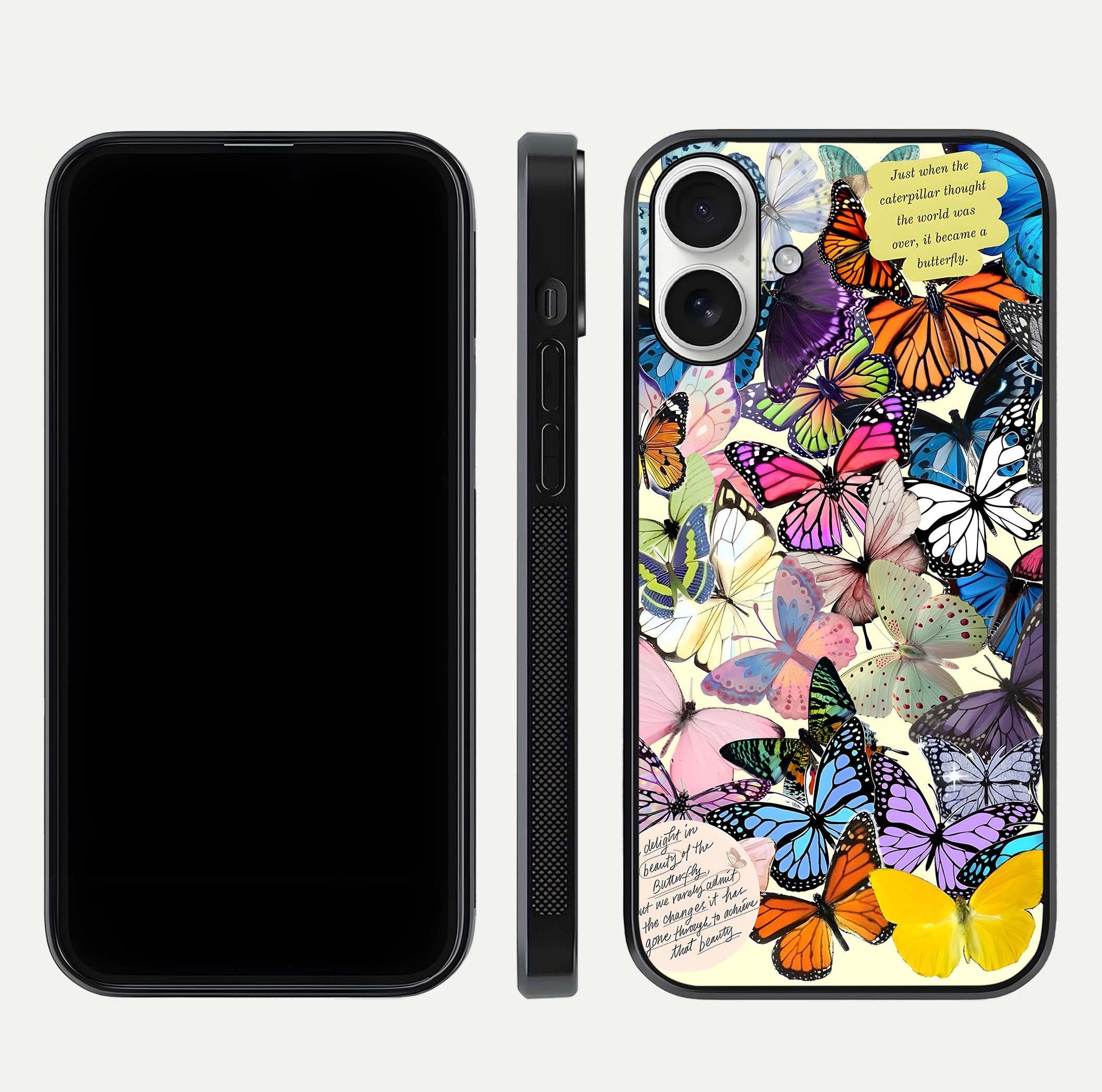 Butterflies Petal Dream Glass Case for iPhone 17 front-and-back layout showcasing floral spread and reflection shine