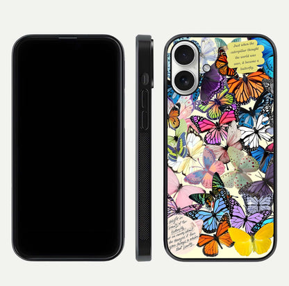 Butterflies Petal Dream Glass Case for iPhone 17 front-and-back layout showcasing floral spread and reflection shine