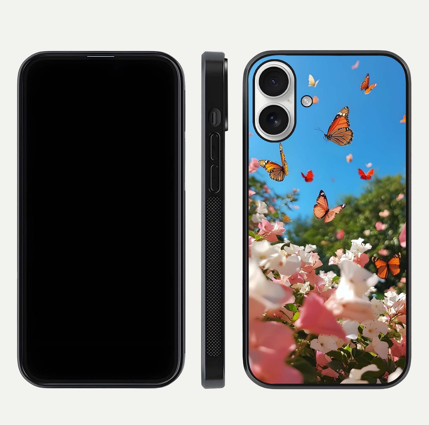 Butterflies in Bloom Sky Glass Case for iPhone 17 dual-view layout displaying elegant composition and glass gloss