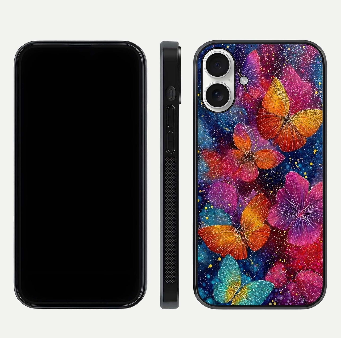 Butterfly Dream Mist Glass Case for iPhone 17 dual-view layout showing mist background and edge polish