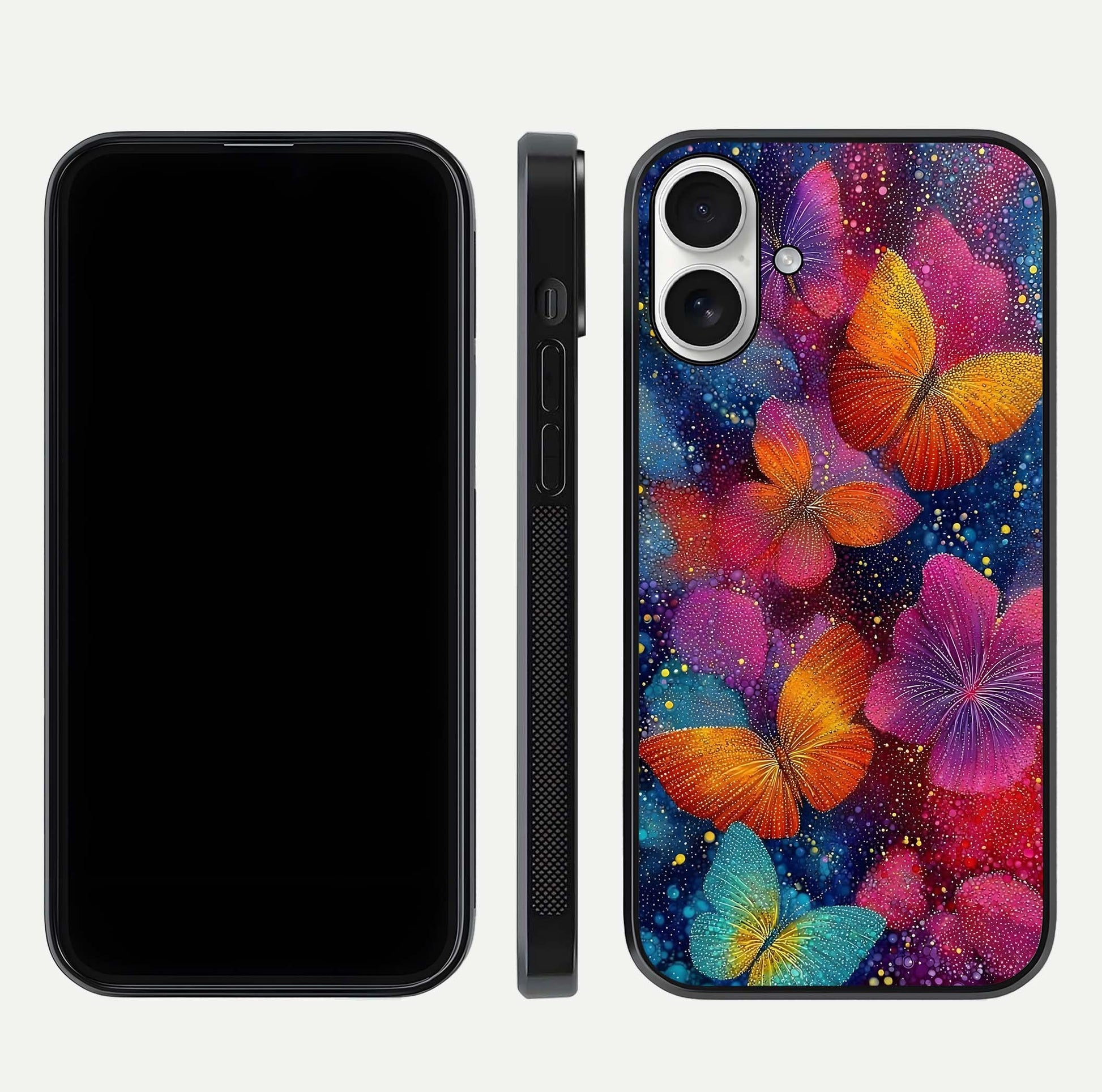 Butterfly Dream Mist Glass Case for iPhone 17 dual-view layout showing mist background and edge polish